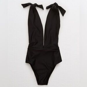 AE Aerie Swimsuit One Piece Long Black Plunge Shoulder Ties L Large